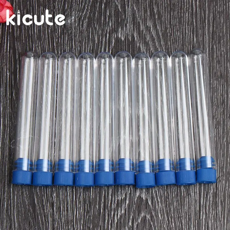 

Kicute 10pcs/lot 16x100mm Transparent Plastic Test Tube With Blue Plastic Stopper Round Bottom Laboratory Educational Supplies