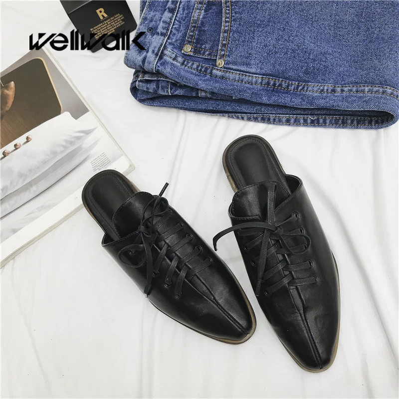 

Wellwalk Flat Slippers Women Mules Lace Up Designer Slippers Ladies Mules Shoes Women Slides Female Slippers Wooden Heel Spring