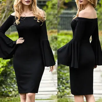 

Women Clothing Flare Sleeve Party Evening Party Mini Dress Long Sleeve Solid Plus Size Women Lady Sexy Off Shoulder