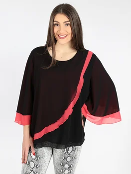 

SOLADA Spring Summer chiffon black chiffon shirt red oblique stripe fashion bat sleeve woman