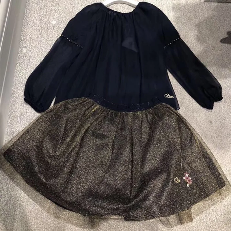 

Kids Autumn Long Sleeve Shirt for Girls Baby Kids Navy Blue Top+Gold Silk Skirt Clothing Set for Girl Princess Party Clothing