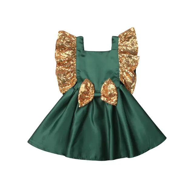 Fashion Toddler Kids Baby Girl Sleeveless Green Dress Floral Sequin