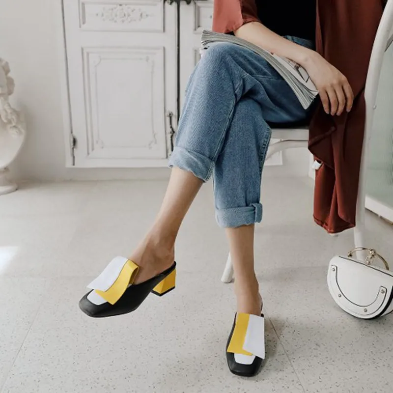 SIMLOVEYO/брендовые шлепанцы на среднем каблуке; Разноцветные босоножки без застежки; большие размеры 45-14; вечерние повседневные летние туфли; цвет желтый, черный, белый