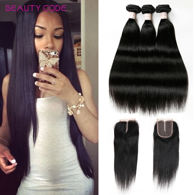 4PCS/lot Peruvian Straight Virgin Hair With Closure 8a Ali Queen Hair Products With Closure Bundle Human Hair With Closure