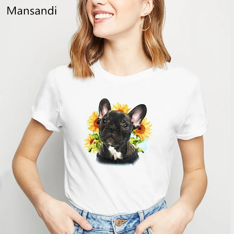

Harajuku Kawaii French Bulldog /Boston Terrier /Yorkie FU /German Shepherd /Chihuahua /pug dog flowers print t shirt women tops
