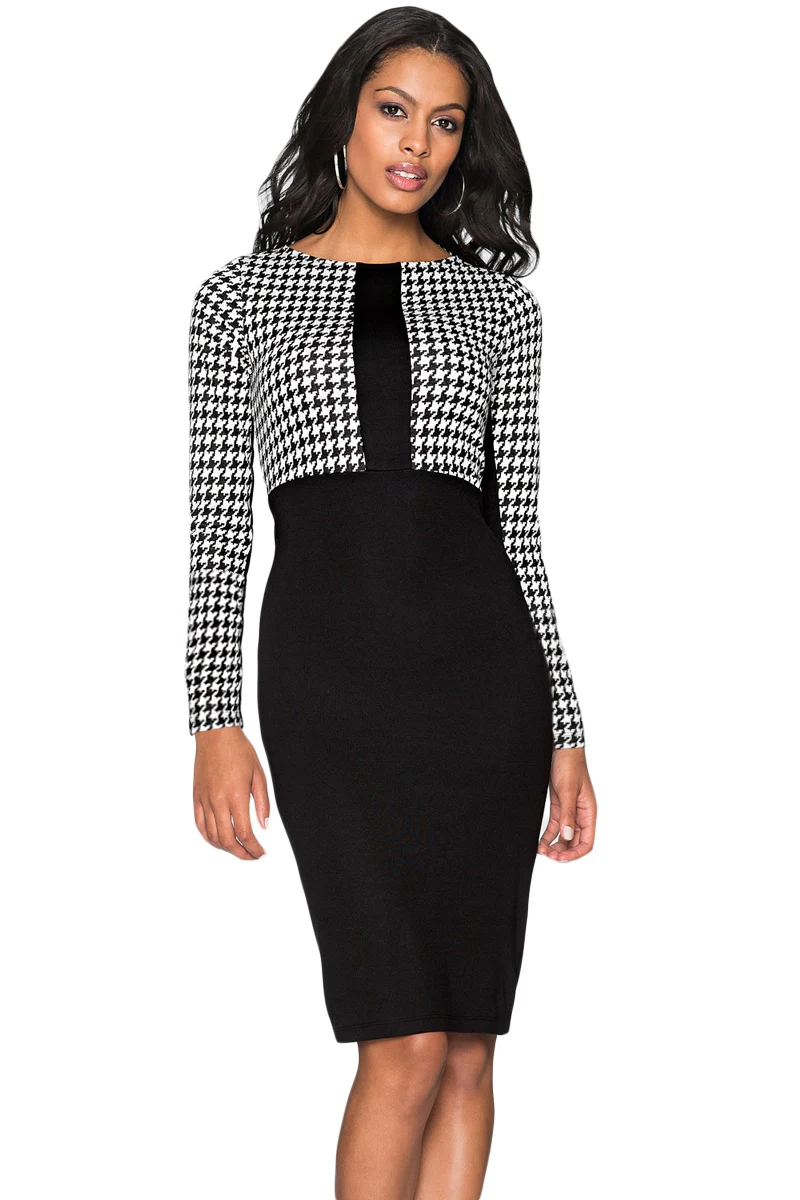 Black-Houndstooth-Patchwork-Pencil-Midi-Dress-LC220538-2-1