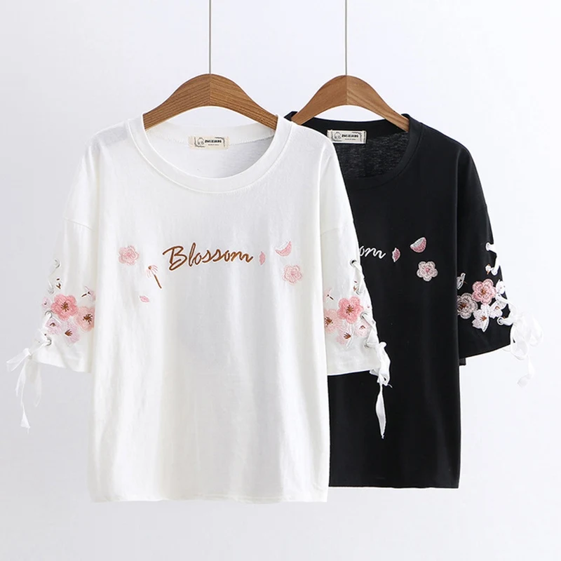 

Cute Mori Girls Spring White Short Sleeve Flower T Shirt Women Tee Tops
