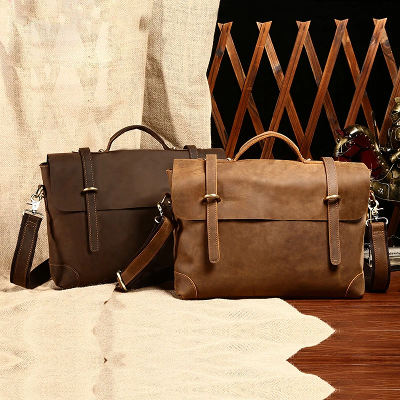

Autumn New Men Briefcase Vintage Cow Genuine Leather Shoulder Business Bags Travel Casual Totes Top Handle Bag Large Capacity
