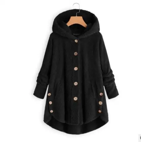 Пушистые пальто, Осень-зима, женские куртки, Женская Повседневная Верхняя одежда с капюшоном и длинным рукавом, пальто с разрезом, женские свитера размера плюс - Цвет: black