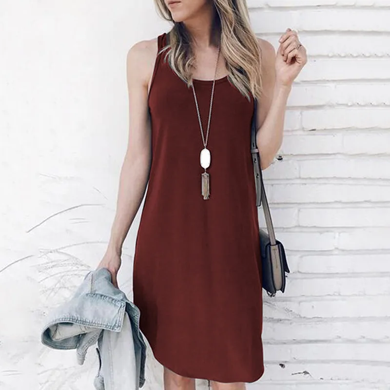 

Summer Plus Size Sleeveless Beach Long Women Dress Bohemian Round Neck Cotton Solid Slip Dresses Casual Work Sundress Vestidos