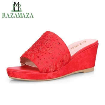 

ZALAVOR Sexy Women Wedges Sandals Beading Flower Trfile Slipper Open Toe Wedges Slipper Women Summer Vacation Shoes Size 35-39