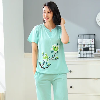 

New Arrival Summer Women's Elegant Floral Pajamas Cotton Pajama Sets Female Sleepwear Casual Mujer Pyjama Plus 3XL Home Clothing