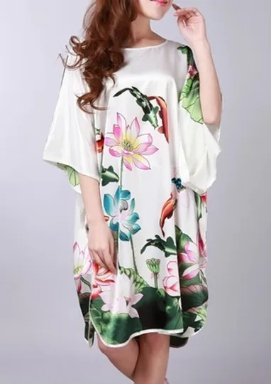 Бесплатная доставка белый Винтаж Для женщин шелковый халат кимоно платье с цветочным принтом рубашки Повседневное мягкие пижамы один