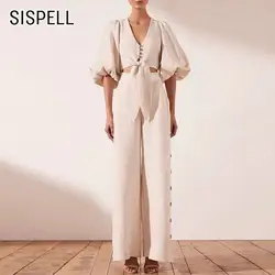 SISPELL 2019 летний Однотонный женский комплект с v-образным вырезом с рукавами-буфами и пуговицами, короткая рубашка, свободная полная длина