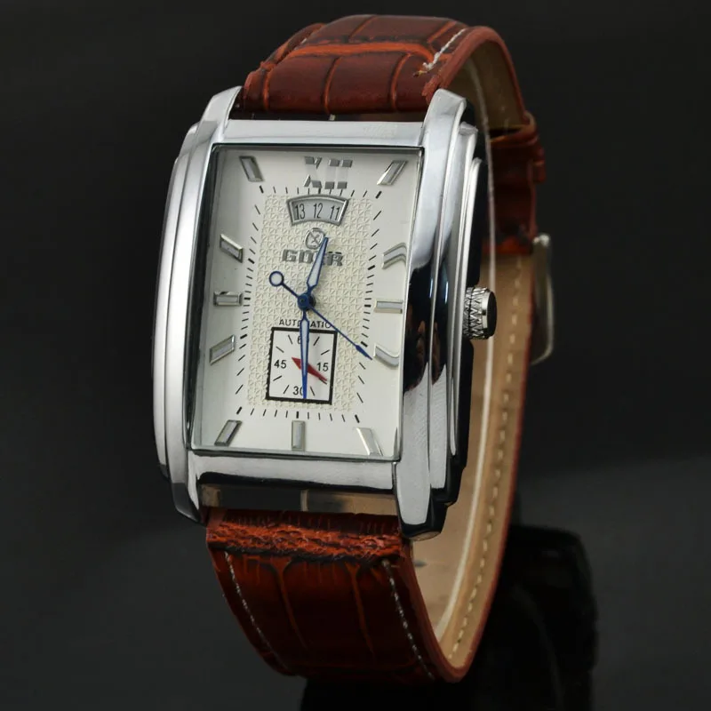 

Brand Goer Watch Men Leather Strap Automatic Mechanical Watches Men Rectangle Watches Auto Date Small Seconds Relogio Masculino