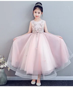 

Elegant Girl Wedding Dress 2018 Pink Lace Appliques Sleeveless Party Tulle Flower Princess Dress Birthday First Communion Dress