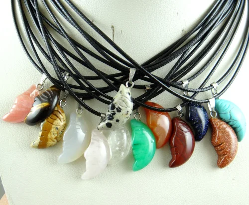 

Natural Stone Crystal Quartz Opal tiger eye Hand carved moon Pendant Leather Chains Necklace Women Fashion Jewelry Free shipping