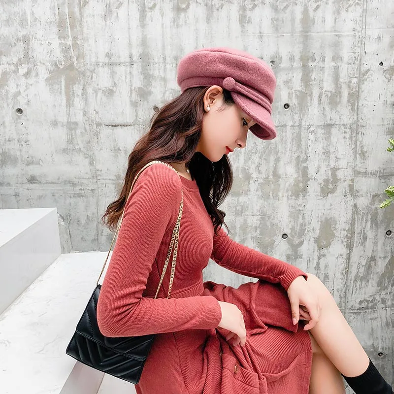  Fibonacci 2018 New Top Quality Wool Knitting Solid Color Military Cap Autumn Winter Fashion Casual 