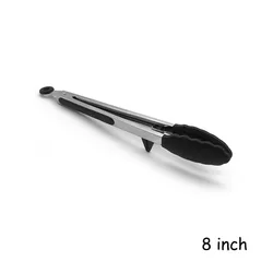 Heat Resistant Stainless Steel Cooking Tongs with Silicone Tips and Stand Design - L (Black 8inch)
