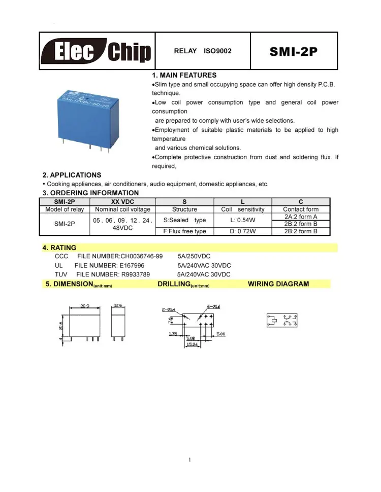 5 шт. Мощность реле SMI-05VDC-SL-2C SMI-12VDC-SL-2C SMI-24VDC-SL-2C 5 В, 12 В, 24 В постоянного тока, 5A/250VAC/30VDC 8pin