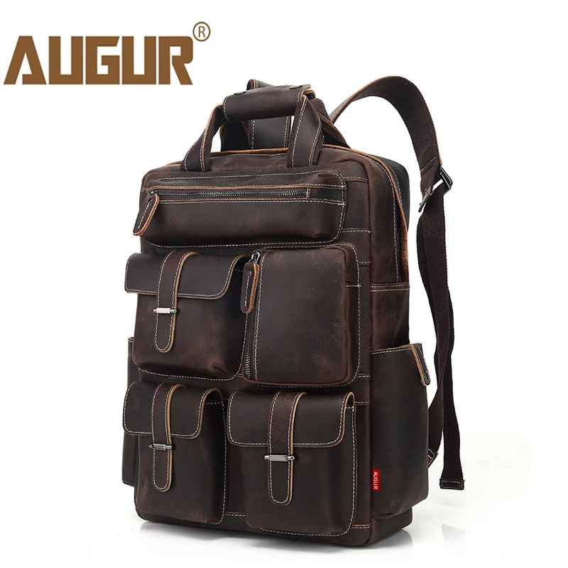 

AUGUR Men's Backpack Retro Genuine Leather Backpack Multi Pocket waterproof Travelling Large Capacity Back bag Mochila Masculina