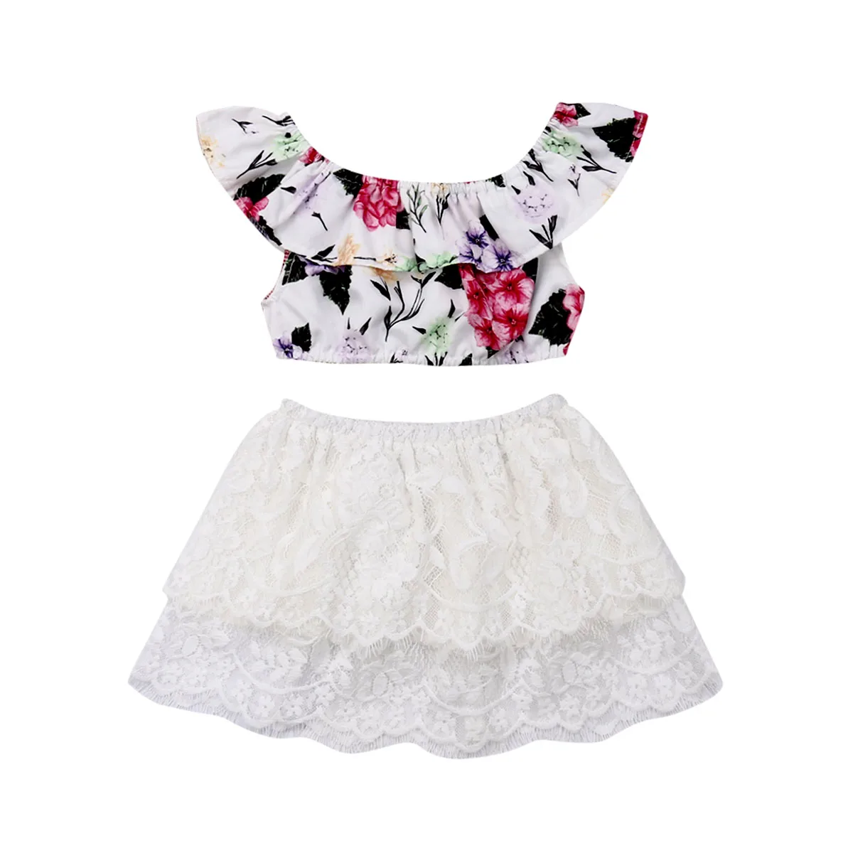 

Hot Kids Baby Girls Summer Outfits Floral Crop Tops+Lace Skirts Clothes Set