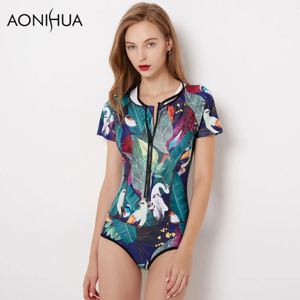 AONIHUA ملابس النساء بدلة سباحة من قطعة واحدة 2018 خمر الطيور طباعة الأخضر يترك قصيرة الأكمام تصفح الاستحمام ملابس سباحة XXL