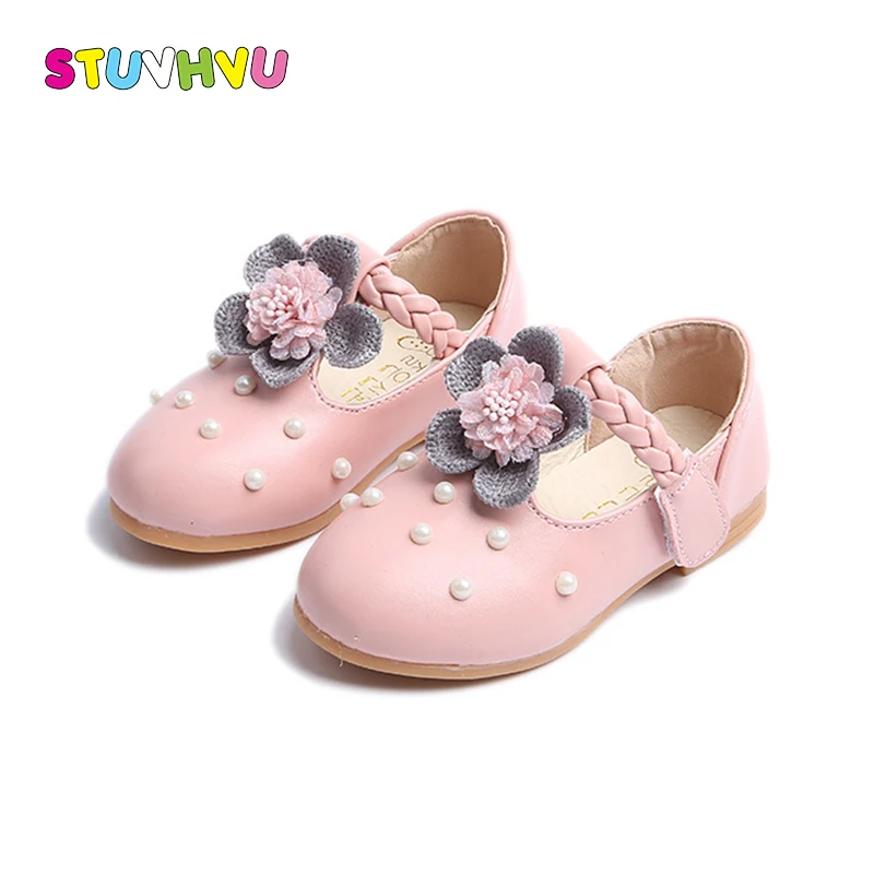 

2018 Autumn kids shoes for girl leather princess shoes fashion pearl flower soft bottom baby girl white shoes child casual shoe