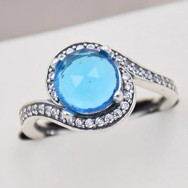 

Authentic 925 Sterling Silver Ring Radiant Embellishment With Sky-Blue Crystal Ring For Women Wedding Party Gift Fine Jewelry