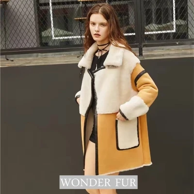 Новое поступление куртка из овчины и меха женская трендовая стильная шерсть овец Меринос и кожаное пальто с отложным воротником - Цвет: Yellow