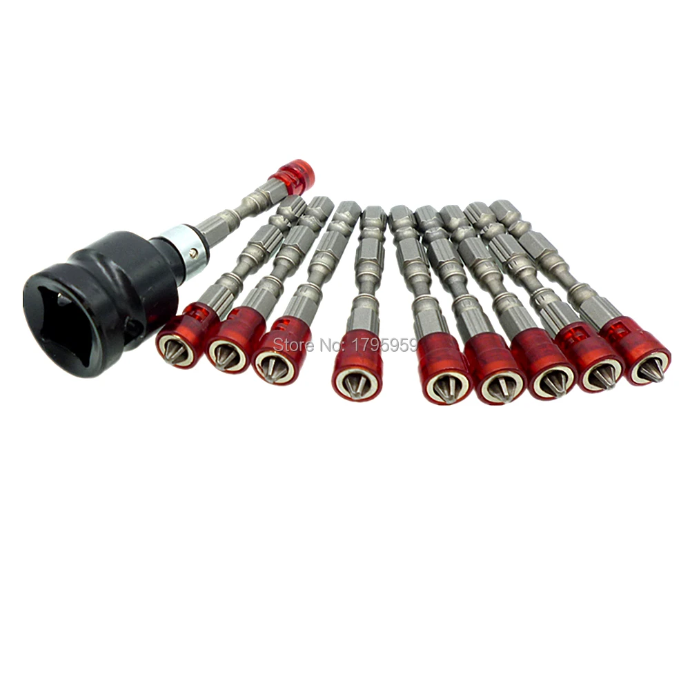 10pcs 65mm Screwdriver Bit Set With 1/2" Square Drive to 1/4" Hex Shank