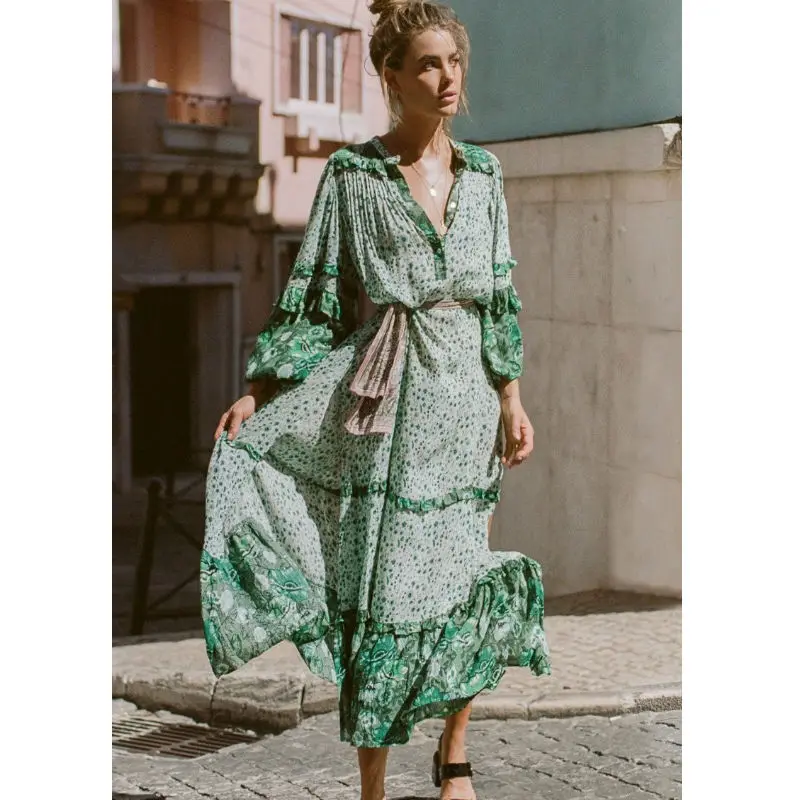 Summer Casual Beach Boho Dress Women Green long dress Vintage Dresses