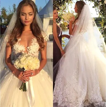 

Vestido de noiva New Elegant Long Wedding Dress 2017 O-Neck Short Sleeves Chapel Train Ball Gown Appliques Tulle Bride Gowns