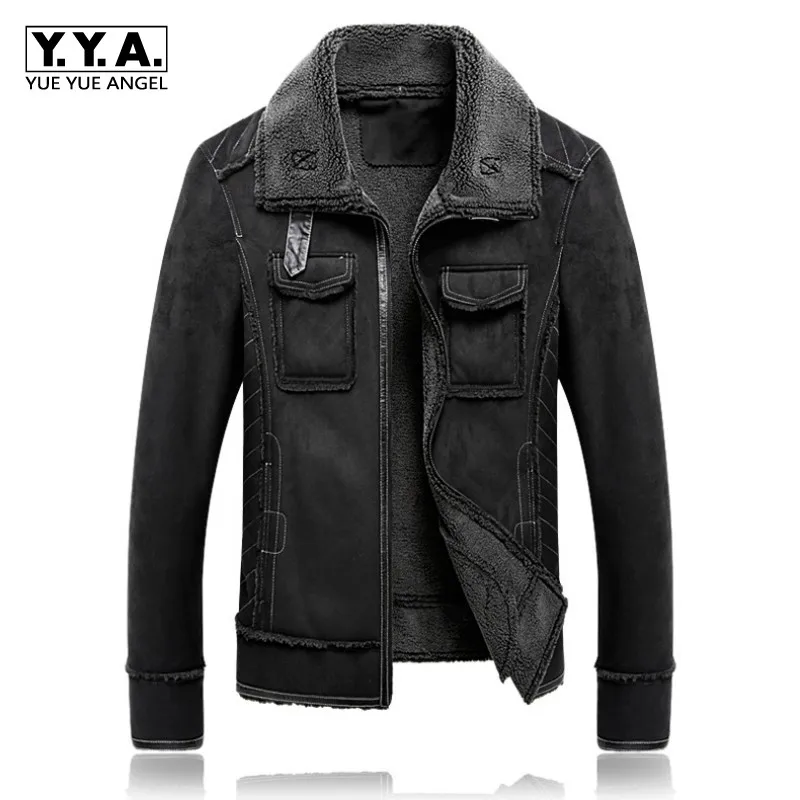 

Plus Size 5XL Suede Jacket Men Thick Fur Lining Warm Lapel Zipper Solid Faux Leather Overcoat High Quality Casual Male Clothes