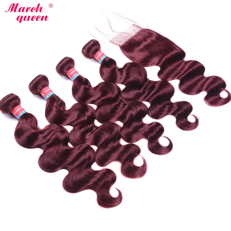 

March Queen 4 Bundles Mongolian Human Hair Weave With Lace Closure #99J Red Wine Body Wave Hair Extensions 4 Pcs Double Weft