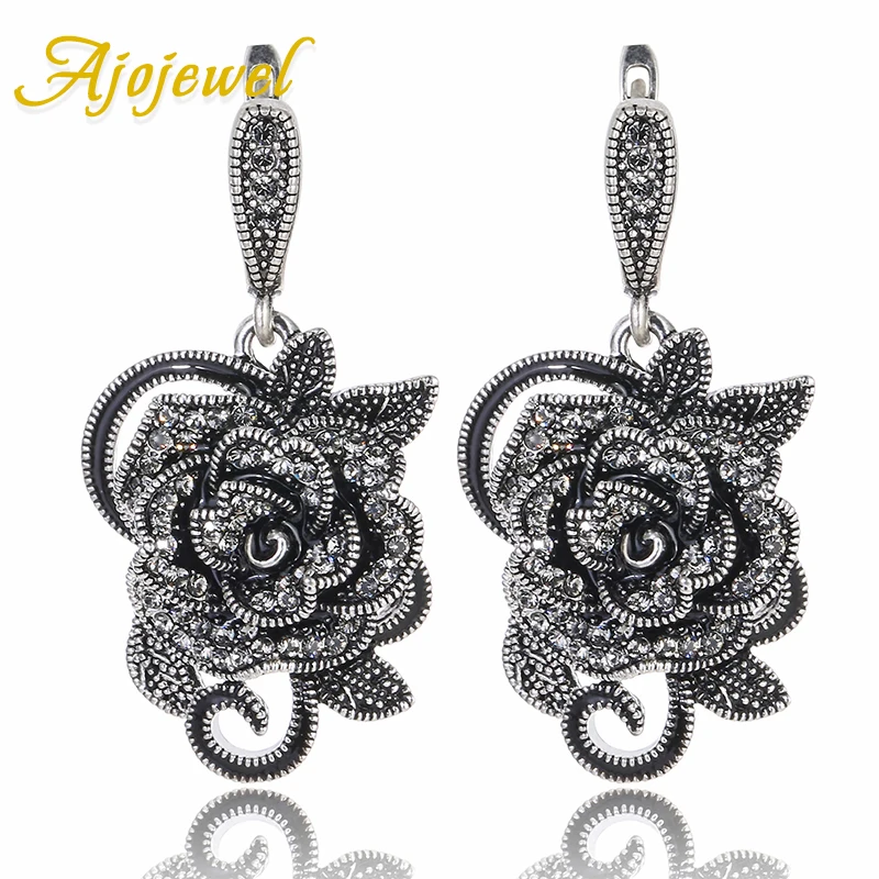 Ajojewel красивые черные стразы большие цветочные Винтажные серьги для женщин