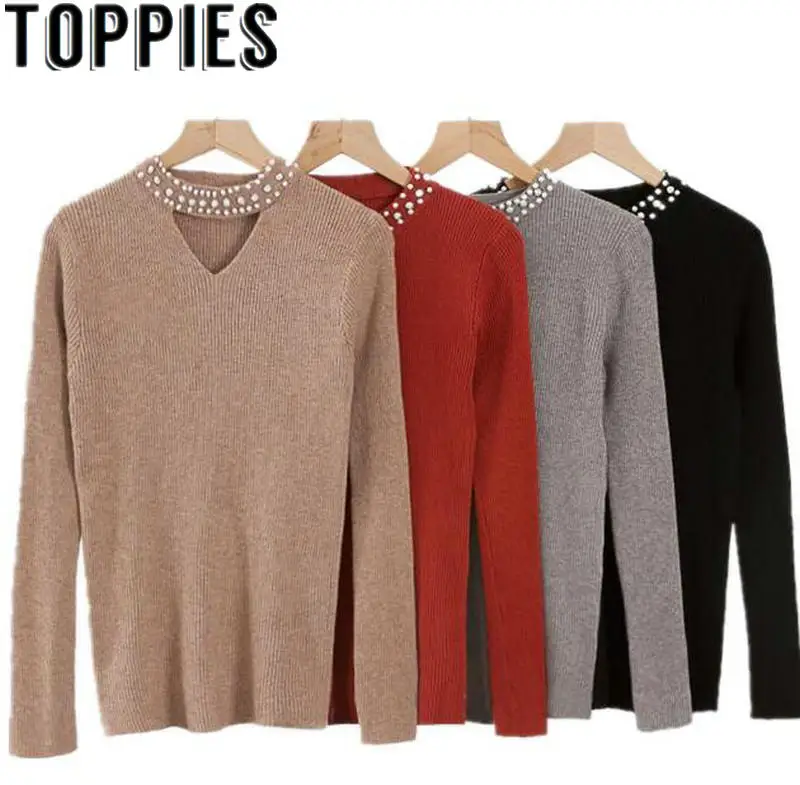 

2019 Women Pearl Beading Knit Sweaters Sexy Slim O-neck Long Sleeves Knitwear