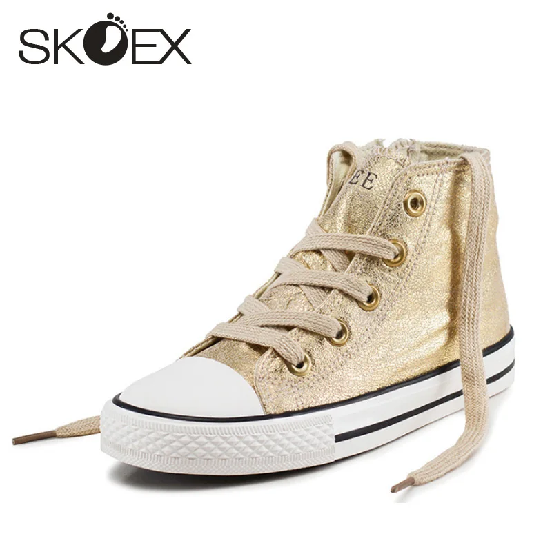 SKOEX/Детская парусиновая обувь для мальчиков и девочек; модные кроссовки с высоким берцем; повседневная обувь на плоской подошве; Детская школьная Спортивная Глянцевая обувь(для малышей и маленьких детей - Цвет: Gold