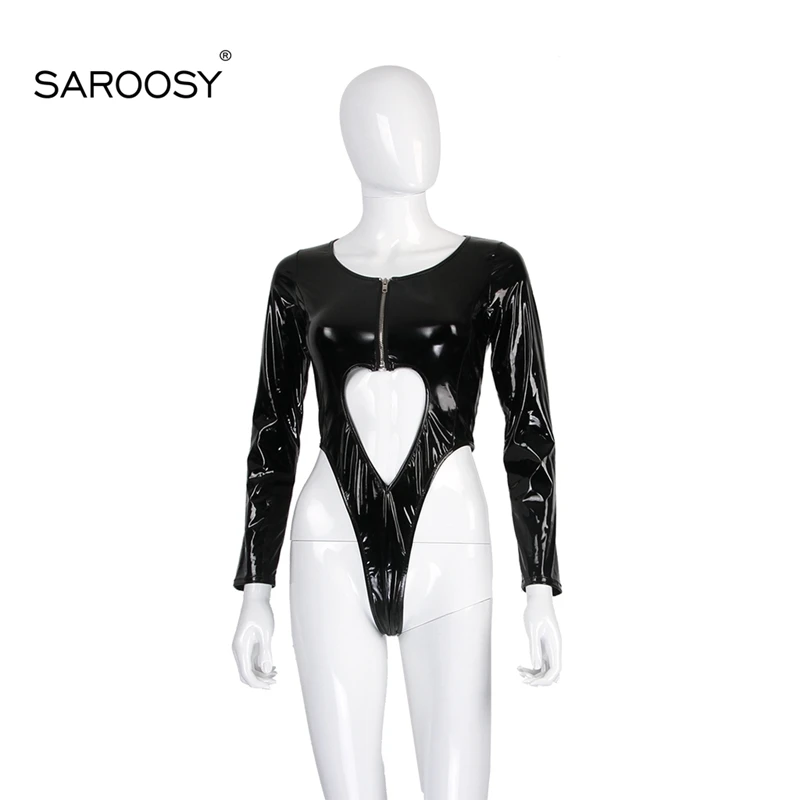SAROOSY 2018 New Sexy Faux Leather High Elastic Bodysuit for Women Long Sleeves High Cut Clubwear Love Shape Zipper Detail