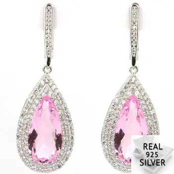 

11.6g Real 925 Solid Sterling Silver Fancy Drop Shape Pink Kunzite CZ Gift For Girls Earrings 47x17mm
