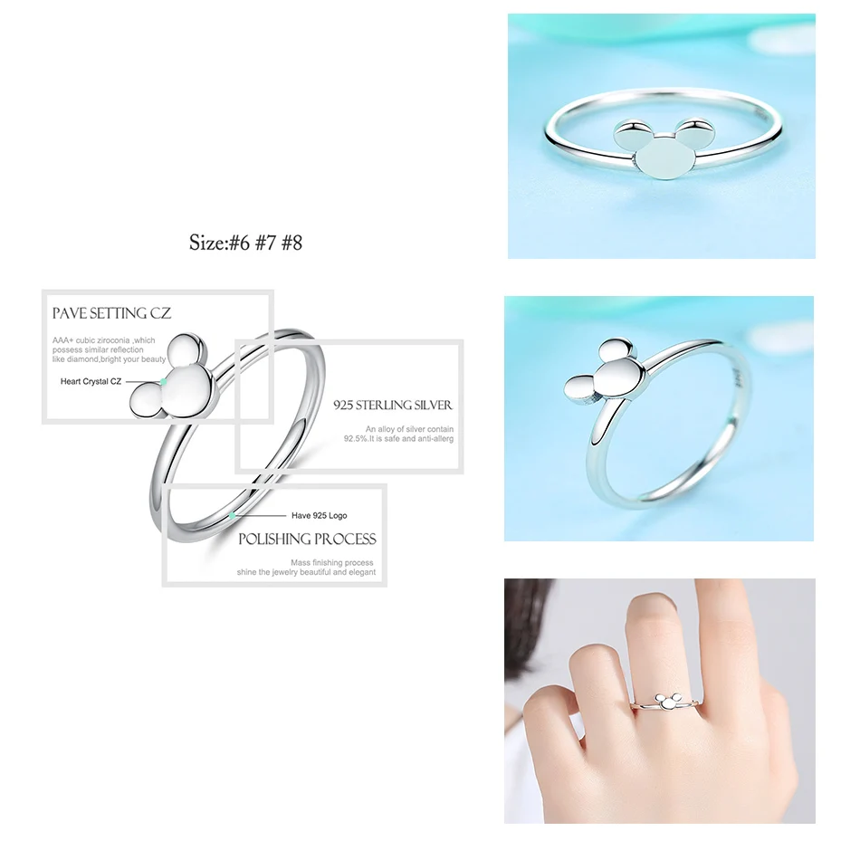 Настоящее 925 пробы Серебряное кольцо мышь кошка волна Сердце прозрачный CZ Кристалл для женщин девушка серебряные ювелирные изделия обручальное кольцо