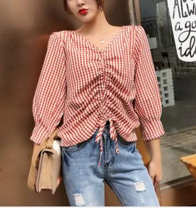 women Shirts Spring Autumn 2019 New Loose female V Neck Plaid casual Puff Sleeve tops