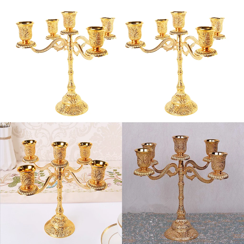  2 pcs Luxurious Gold Color Candelabra Candlestick Holder 5 Arms Candle Holder  for Weddings Party Spa  Votive Candle Home Decor