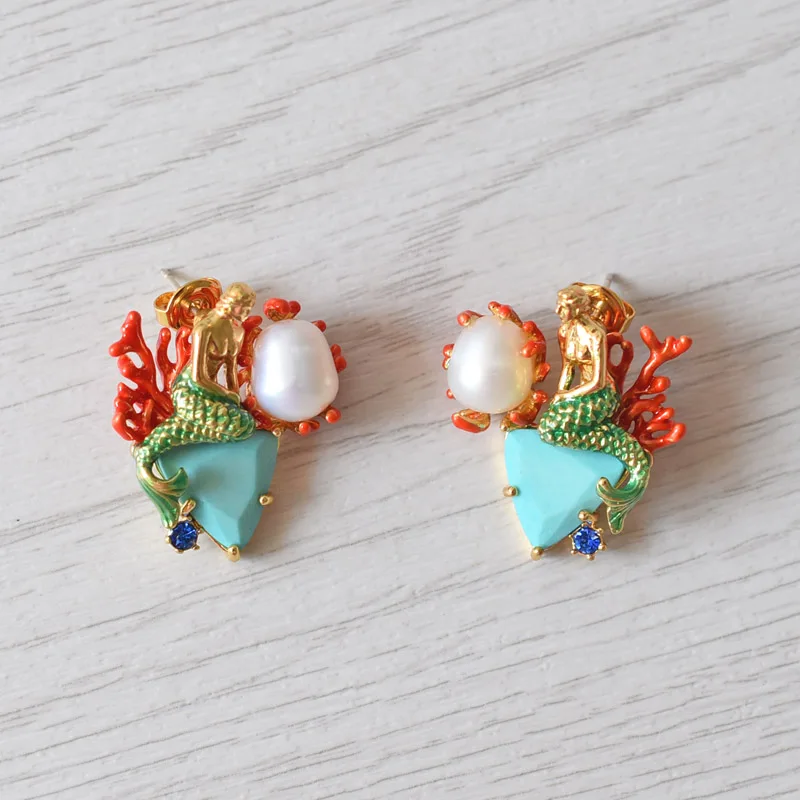 

Warmhome Vintage Enamel Glaze Copper Trendy Natural Pearl Mermaid Necklace Bracelet Earrings For Women Jewelry