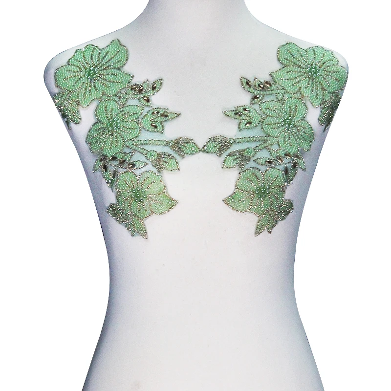 

5pair Green Beads Hot Fix Rhinestones Iron on Crystal Transfer Flower Design Motif Applique Patches for Clothes Decoration T2420
