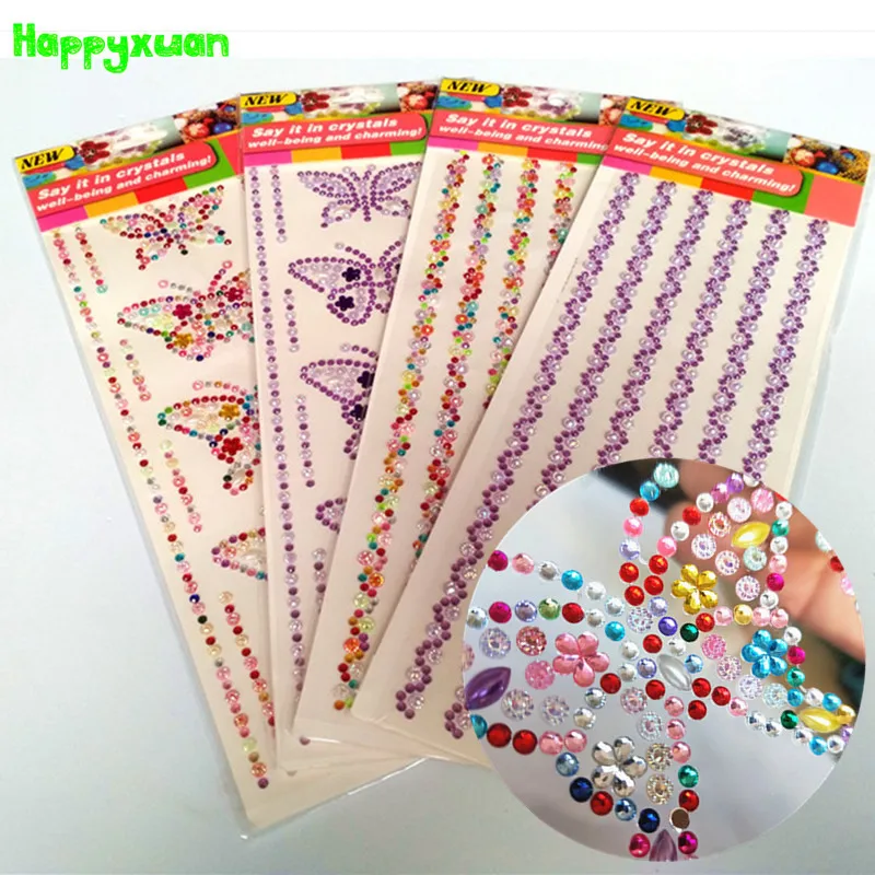 Happyxuan 4 Sheets DIY Crystal Diamond Stickers Butterfly Bracelets Kids Craft Scrapbooking Materials Rhinestone Adhesive Strips