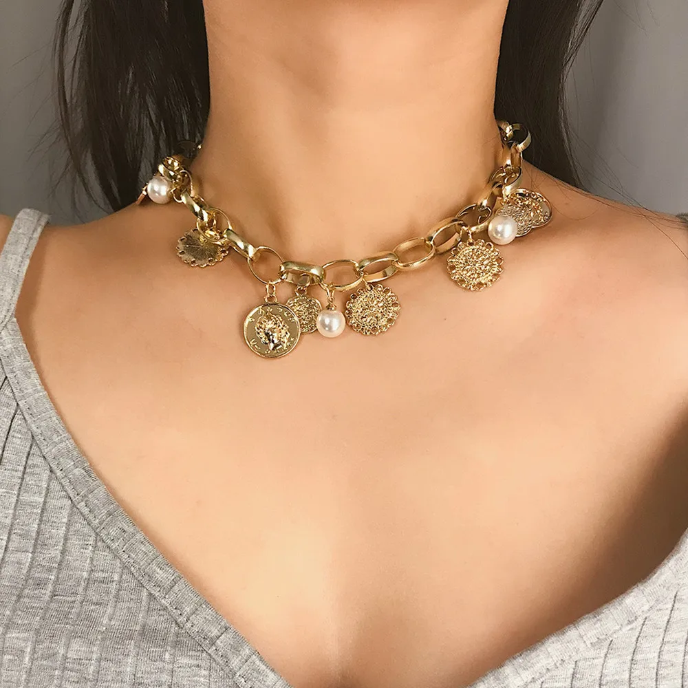 

DIEZI Fashion Trendy Choker Chain Necklace For Women 2019 New Gold Silver Pearl Flower Statement Necklace For Girls Jewelry