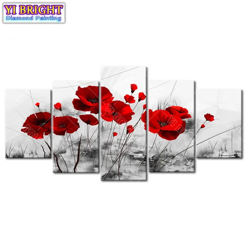 

5D Diy Round Diamond embroidery Red Flowers 5pcs Multi-picture Combination diamond painting Cross Stitch Rhinestone decor