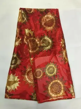 

5Yards/pc Gorgeous red chiffon silk lace african smooth and soft silk fabric with rhinestone for dress JS32-1