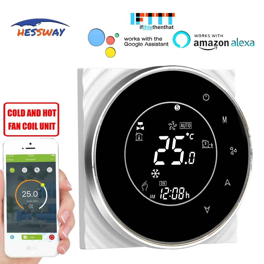 HESSWAY TUYA 2 трубы Гугл alexa термостат wifi катушка вентилятора для 3 скорости охлаждения и нагрева NC/без клапана
